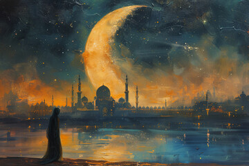 A painting of a crescent moon over a mosque at dusk, with reflections on water, embodying Ramadan atmosphere.