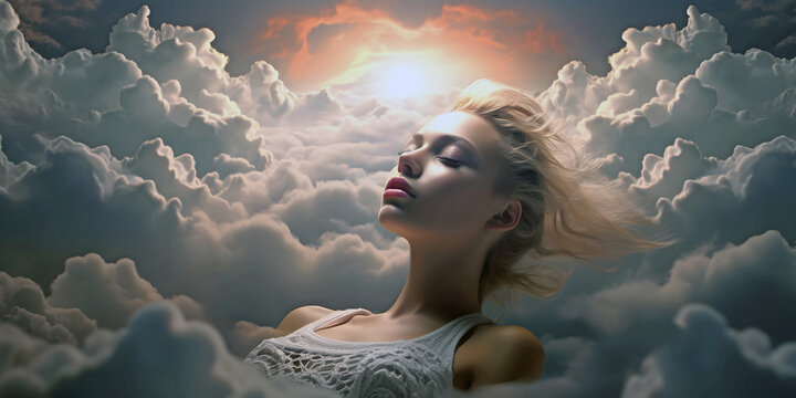 Lady floating in the clouds. AI generated.	