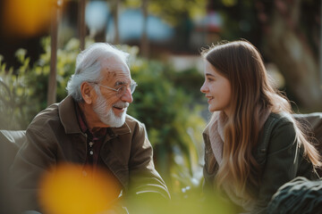An elderly person engaged in a meaningful conversation with a younger individual