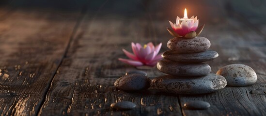 Obraz na płótnie Canvas Decoration of stack zen stones with candle and lotus flower on blur background. AI generated image