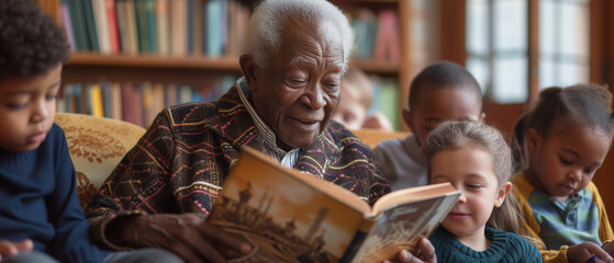 a senior reading to a group of children