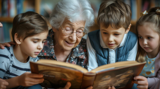 heartwarming scene: senior reading to children