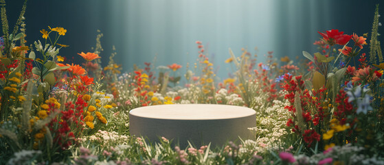 Fototapeta na wymiar eco-friendly showcase with wildflowers around podium