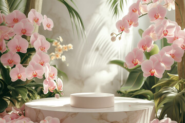 opulent ambiance: orchids around product podium