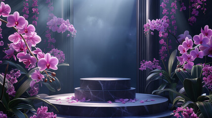 luxury podium for product surrounded by exotic orchids