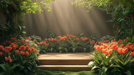 elevated podium in vibrant tulip garden