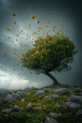 a solitary tree with leaves swirling in the wind as a storm approaches