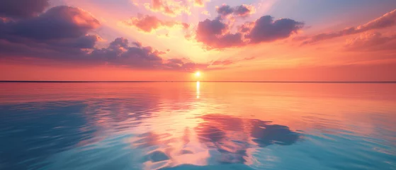 Foto op Canvas a serene sunrise over a calm ocean, with hues of orange and pink reflecting on the tranquil water © saulo_arts