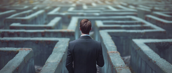 a focused entrepreneur navigating a challenging business maze, symbolizing determination in overcoming professional obstacles