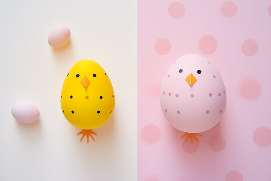 pink funny candy Easter postcard with eggs and a funny chick in a child's style, looks like a child's cutout, generative ai