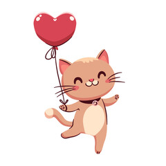 Mały rudy uśmiechnięty kot z balonem w kształcie serca. Ilustracja wektorowa. - obrazy, fototapety, plakaty