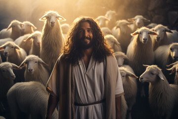 forgiving risen Jesus good shepherd, shepherd of souls, blesses his followers among his sheep, generative AI - obrazy, fototapety, plakaty