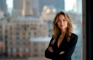 Fototapeta premium Elegant young woman in business attire confidently standing with a cityscape behind her.