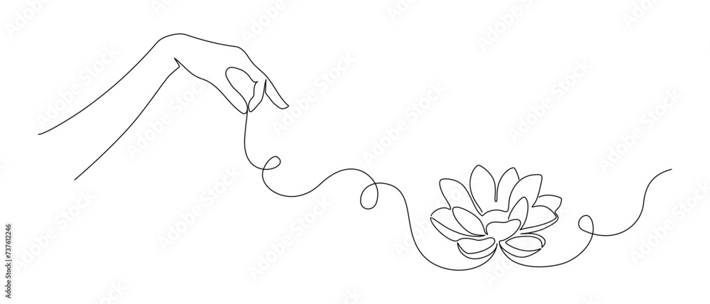 Poster one continuous line drawing of lotus flower with hand. minimalistic web banner and logo for wellness