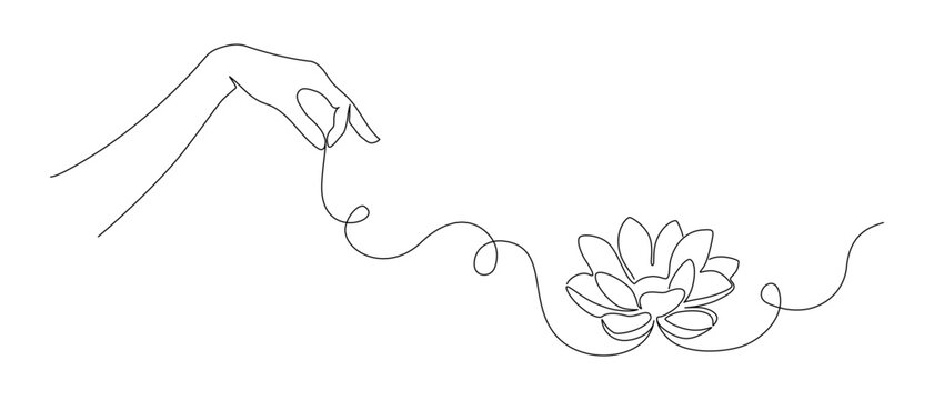 One continuous line drawing of lotus flower with hand. Minimalistic web banner and logo for wellness spa salon in simple linear style. Yoga studio in editable stroke. Doodle vector illustration