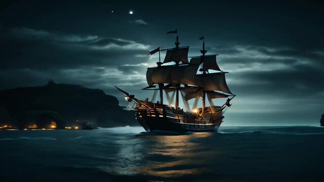 Vintage ship at night at sea.