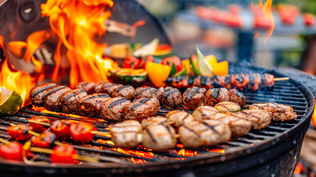 Sizzling Summer Barbecue: Outdoor Grilling with Juicy Skewers and Fresh Vegetables.