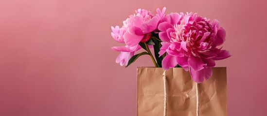 Beautiful pink peony bouquet in paper bag copy space background. AI generated image