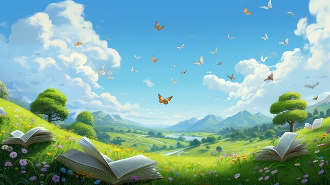 Vibrant flowers bloom in a sunlit meadow under a blue sky. with an open book on the theme of education and reading.	
