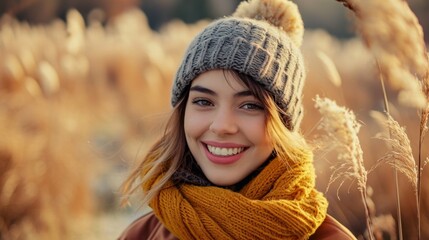 Winter portrait of young beautiful woman covering face with woolen scarf. Closeup of happy girl feeling cold outdoor. Young woman holding scarf and looking at camera.