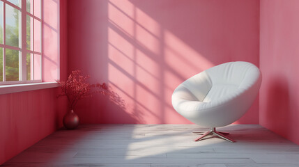 窓から差し込む光に照らされたピンク色の壁と白い椅子