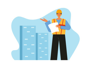 Builder looking architectural plan of project. Builder vector illustration.