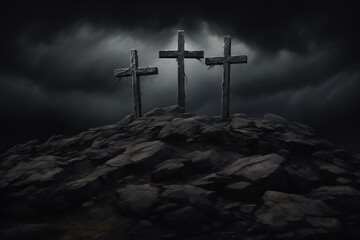 three crosses on the hill where Jesus Christ was crucified, dark postcard for Easter, generative AI - obrazy, fototapety, plakaty