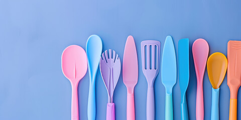 Assorted Different Silicone Baking Spatulas on colored Background. Vibrant multicolored silicone baking spatulas, background for confectioner's store.