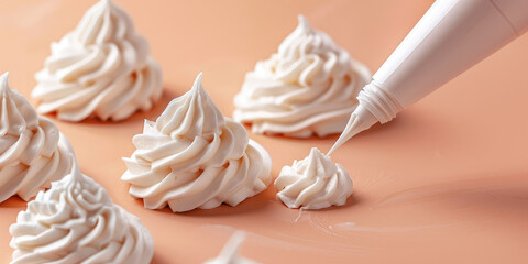 Close-Up of Piping Cream on Cupcakes nozzle with sweet cream swirl. Pastry bag with cream, frosting cupcakes.
