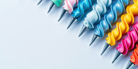 Colorful Frosting Swirls with Piping Tips. An array of colorful frosting swirls presented with piping tips on a pastel background, showcasing confectionery supplies. - obrazy, fototapety, plakaty