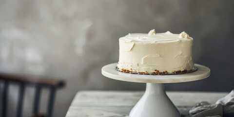 Elegant Frosted Cake on Cake Stand. Sweet cake displayed on a cake rotary table or turntable, background with copy space.