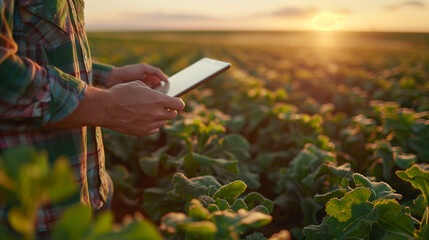 A farmer stands in a field at sunrise, managing crops with a tablet using advanced precision farm management software..