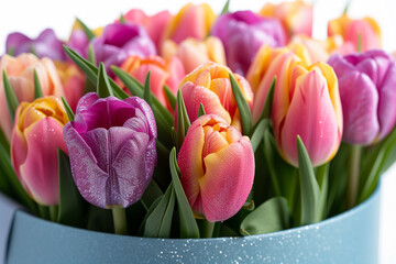 Colorful tulips in round; gift box.