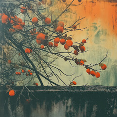 a winter tree with ripe orange fruit on its branches - 737618240
