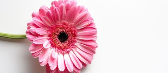 Illustration pink gerbera flower Hello June template copy space on white background. AI generated