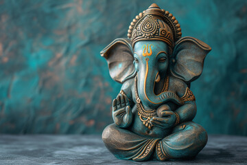 Ganesha statue on blue background with copy space. Lord Ganesha, Ganesh Chaturthi, Ugadi or Gudi Padwa celebration. Hindu religion and ethnic concept. Festival composition for banner, greeting card