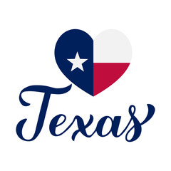 Texas calligraphy hand lettering with heart-shaped flag Holiday celebrate on March 2. Vector template for typography poster, banner, flyer, greeting card, etc.