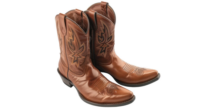 Traditional brown leather cowboy boots with stitched detailing, cut out - stock png.