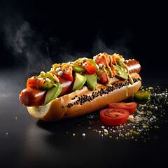 Hot dog hotdog with avocado, tomato and sausage - obrazy, fototapety, plakaty