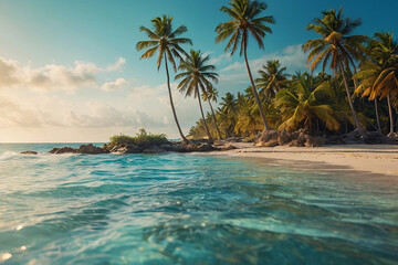 Tropical beach in Maldives with few palm trees and blue lagoon. Generative AI