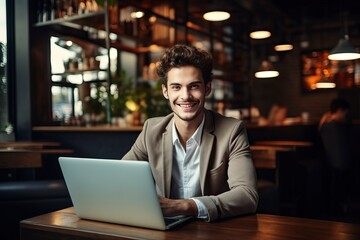 Beautiful young man happily smiling while working with laptop in office - generative ai