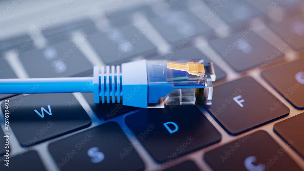 Poster internet lan cable on laptop keyboard. 3d rendering