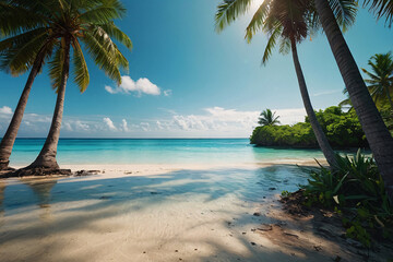 Tropical beach in Maldives with few palm trees and blue lagoon. Generative AI