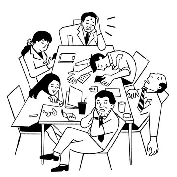 Lazy office workers or disorganized behavior businesspeople at workplace. Funny vector illustration, doodle, outline, thin line art, hand drawn sketch design, black and white ink style.  