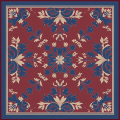 Symmetrical floral tapestry with rich reds, blues, and gold, framing a heritage of timeless elegance