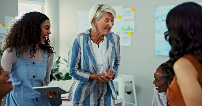 Office, break and planning with diversity, collaboration and management for motivation, teamwork and trust. Business people, manager and workspace with communication, brainstorming and a funny joke