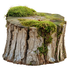 Old tree stump covered with green moss in natural forest setting, cut out - stock png.