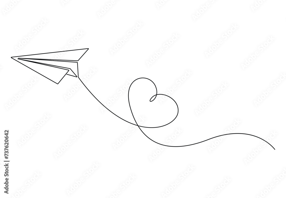 Poster continuous single line drawing of airplane. one line art of airplane with heart sign. vector illustr