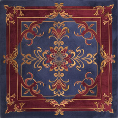 An embroidered tapestry with luxurious gold florals on a navy and maroon backdrop, radiating regal elegance