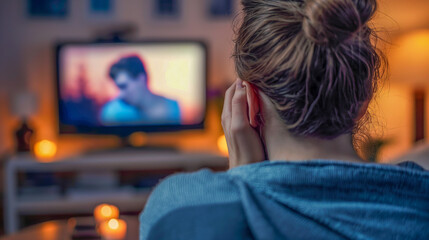 Woman crying from a romantic TV drama show while watching the movie - obrazy, fototapety, plakaty